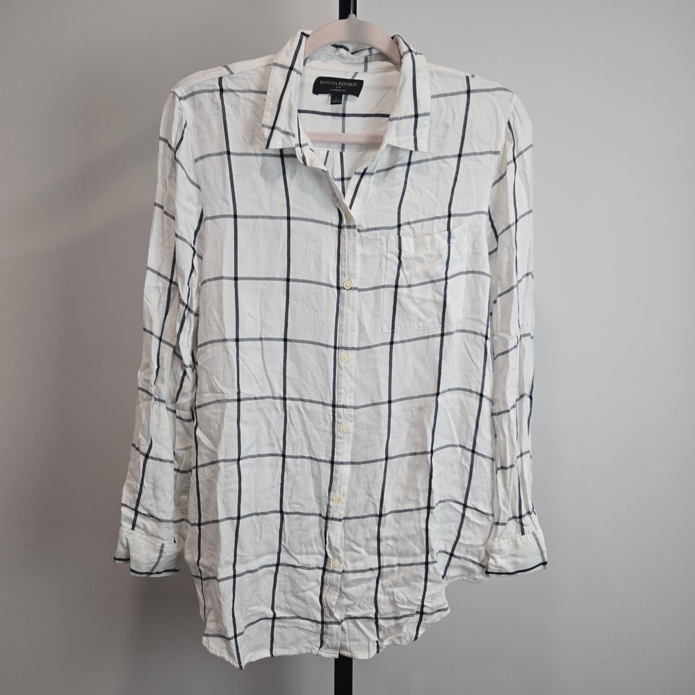 Banana Republic Womens Boyfriend Fit Windowpane Plaid Shirt White Black Large